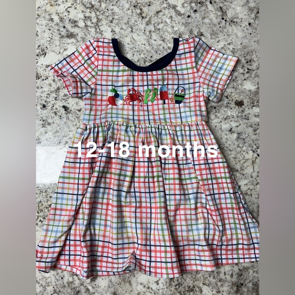 Baby girl 12-18 month plaid beach summer dress, navy, monogram